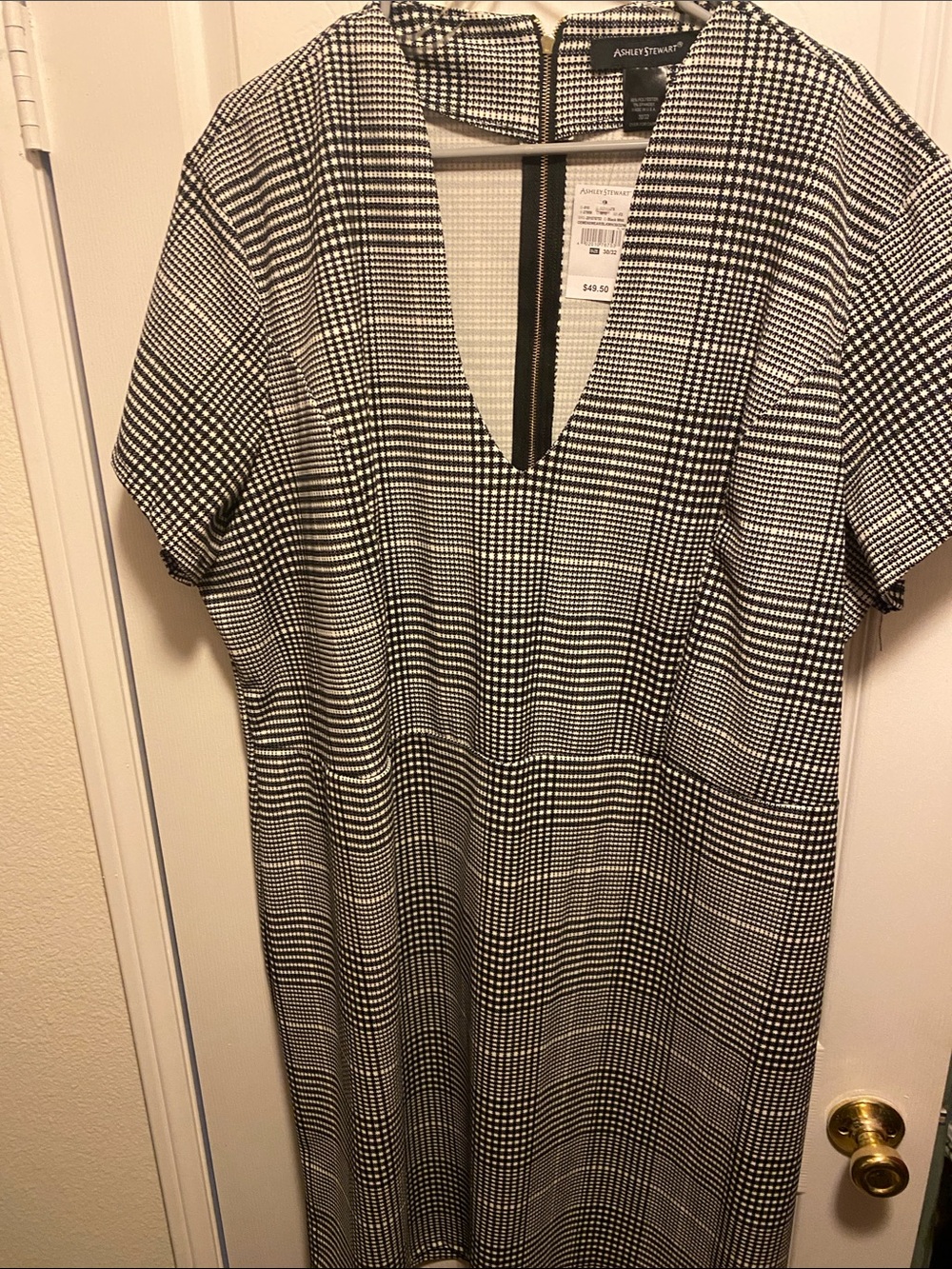 Ashley Stewart Black and White Checked V-Neck Midi Dress